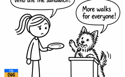 A woman asks who ate the sandwich while a Yorkie with crumbs on her face promises more walks from a lectern, illustrating dodging an interview question