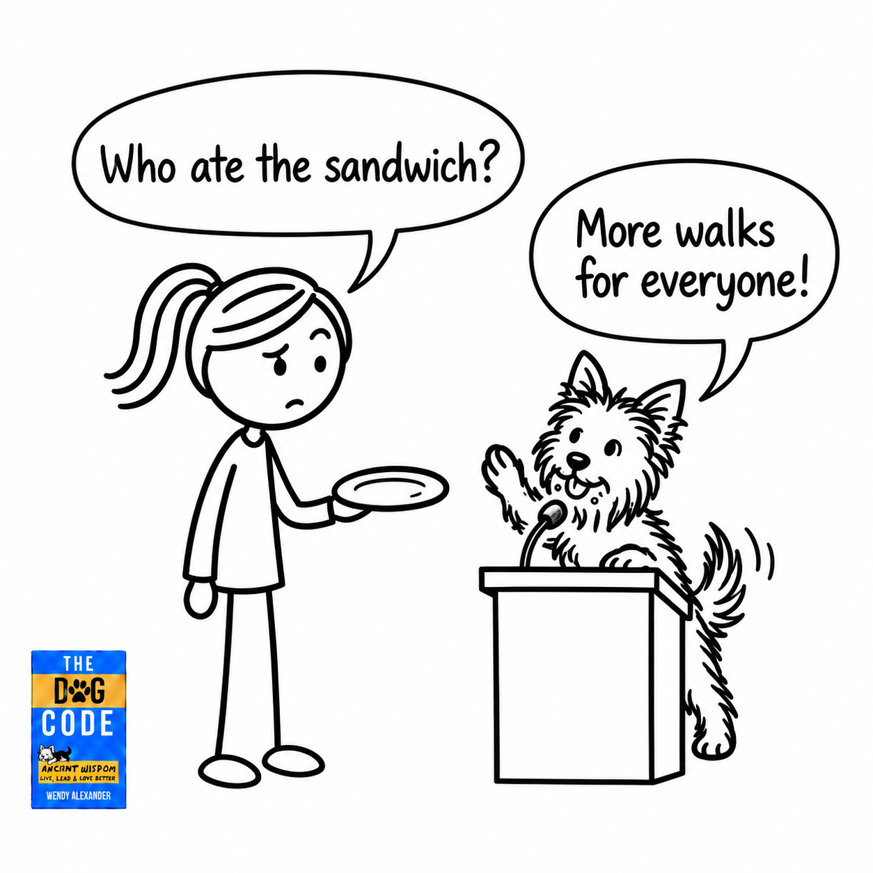 Dogs in Politics Day: Answer the Question A woman asks who ate the sandwich while a Yorkie with crumbs on her face promises more walks from a lectern, illustrating dodging an interview question