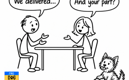 A candidate says We delivered and a female interviewer asks And your part, while a Yorkie proudly holds her ball beside The Dog Code book