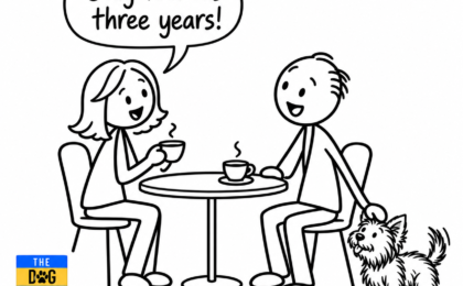 Two former colleagues catch up over coffee with a Yorkie beside them and say Only took us three years