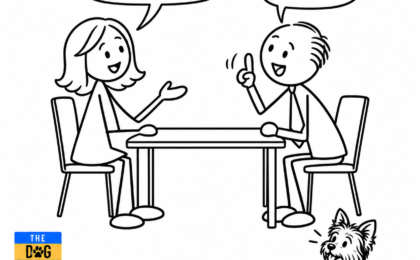 A female interviewer starts explaining the problem while a male candidate interrupts with I know, as a Yorkie listens attentively beside The Dog Code book
