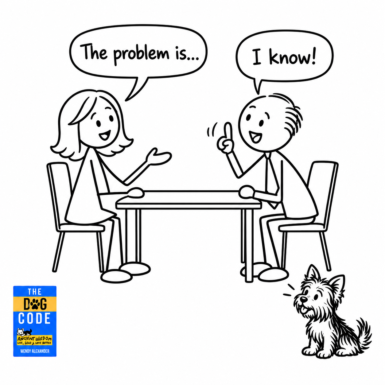 Listening Is Your Interview Superpower A female interviewer starts explaining the problem while a male candidate interrupts with I know, as a Yorkie listens attentively beside The Dog Code book